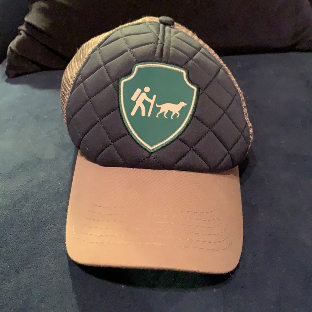 Blue/green Camping with Dogs snapback trucker hat (adjustable, unisex)